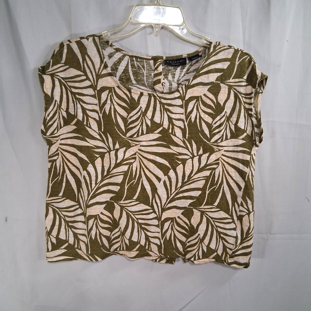 Tahari Womens Top Olive Green White Fern Pattern Medium 100 Percent Linen Button
